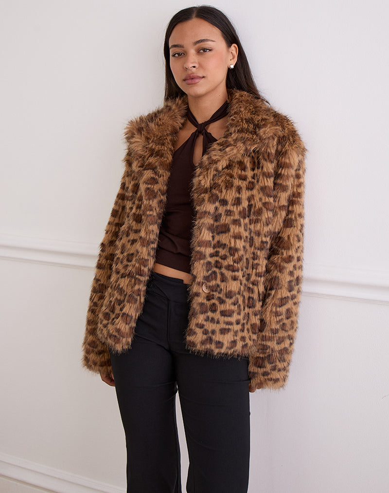 Joji Crop Faux Fur Jacket in Brown Leopard