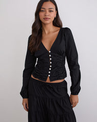 Kadek Fitted Plunge Blouse in Poplin Black