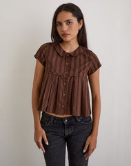 Kaelis Pleated Blouse in Stripe Brown