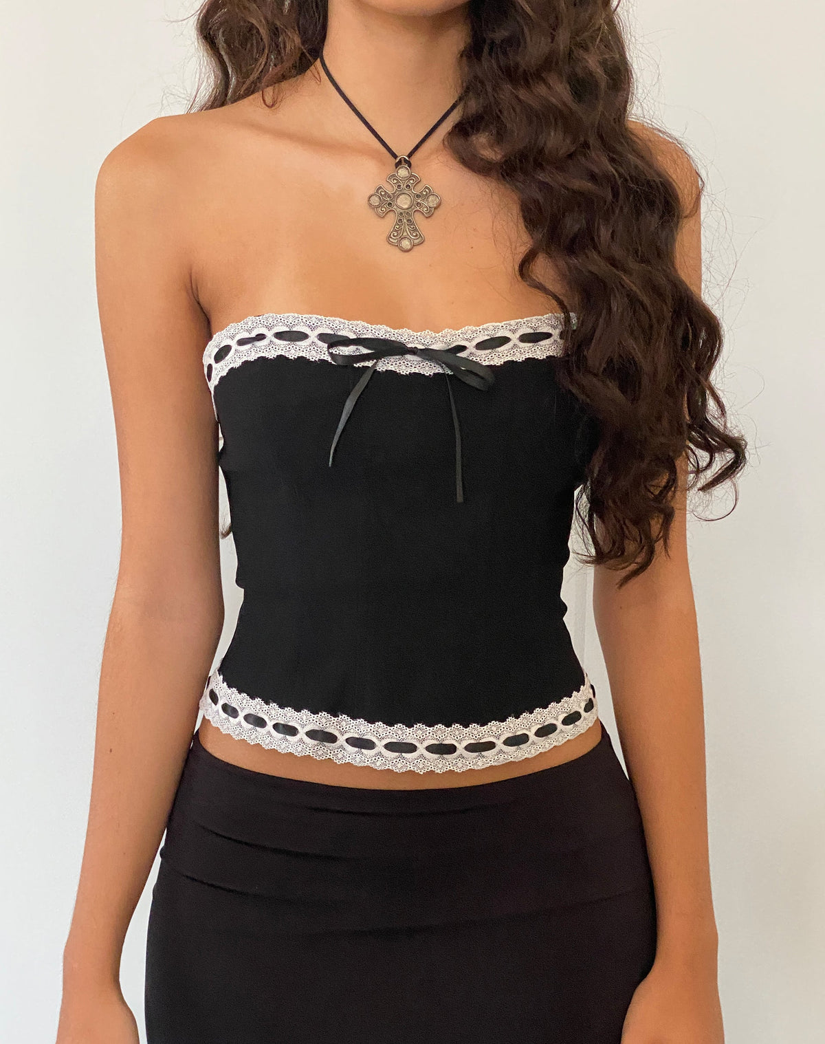 Karida Lace Edge Corset Top in Black