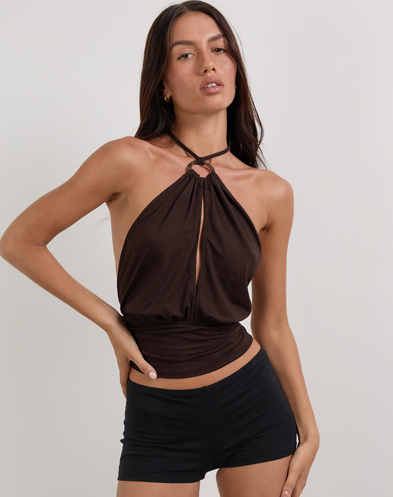 Karise Plunge Top in Rayon Bitter Chocolate