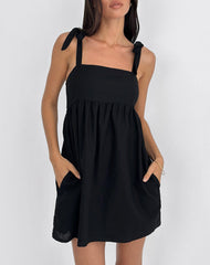 Kayla Square Neck Mini Dress in Linen Black