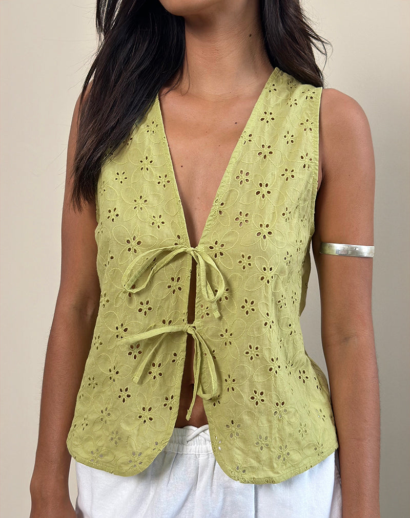 Kayve Tie-Front Top in Little Daisy Broderie Lime
