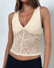 Kefira Plunge Neck Top in Lace Cream