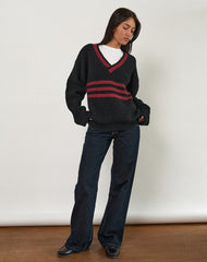 Knitza Jumper in Black with Red Stripes