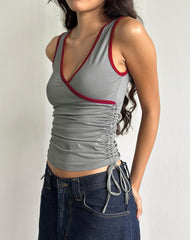 Laird Wrap Top in Grey with Adrenaline Red Binding
