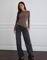 Lakya Long Sleeve Top in Diagonal Stripe Flocked Brown and Cream