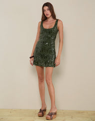 Lalaurie Scoop Neck Mini Dress in Mixed Drape Sequin Khaki