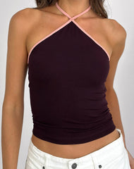 Lay Halterneck Top in Redwood with Pink Lady Binding