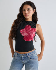 Leen Top in Black Hibiscus Flower Pink