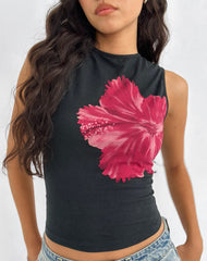 Leen Top in Black Hibiscus Flower Pink