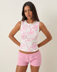Leen Tank Top in White with Pink Hibiscus Doodle Print