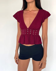 Leisma Frill Top in Jersey Burgundy with Studs