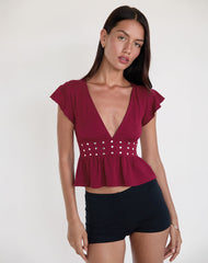 Leisma Frill Top in Jersey Burgundy with Studs