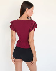 Leisma Frill Top in Jersey Burgundy with Studs