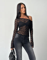 Lerina Unlined Asymmetric Top in Lace Black