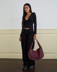 Studded Slouch Bag in Burgundy