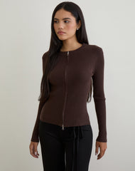 Liano Zip Cardigan in Rib Knit Brown
