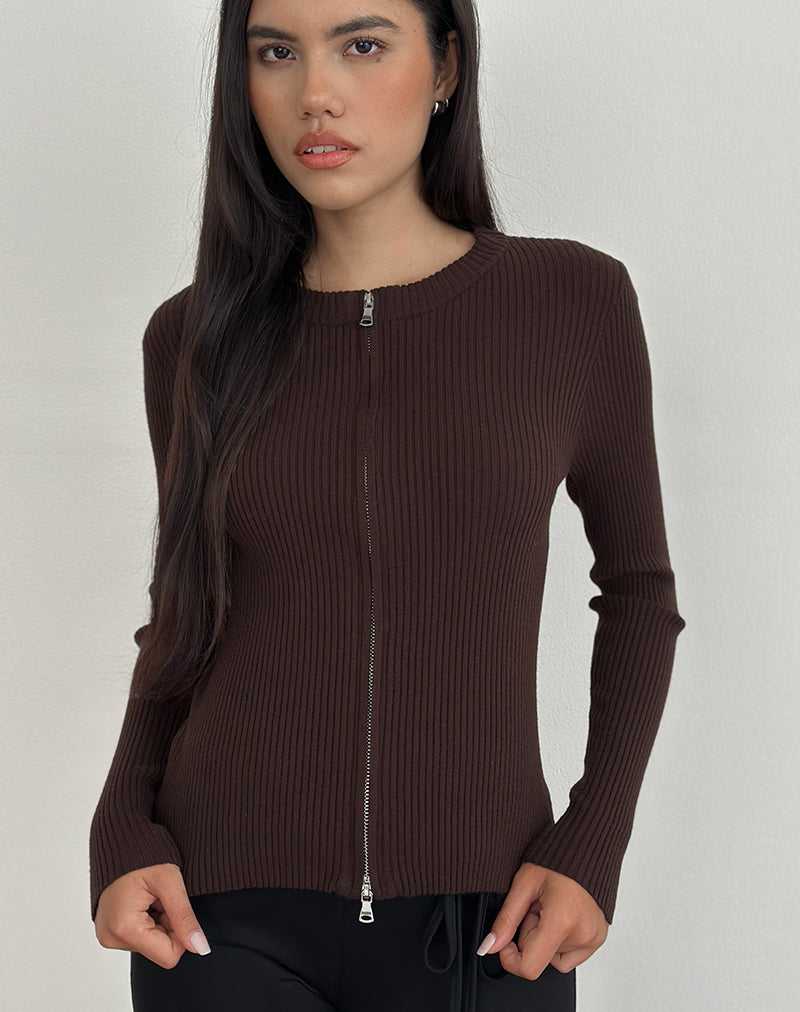 Liano Zip Cardigan in Rib Knit Brown