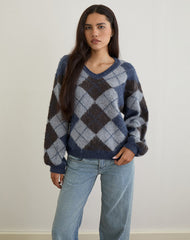 Louna Jumper in Knit Argyle Check Navy
