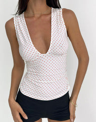 Lycia Plunge Top in White with Red Micro Polka Print