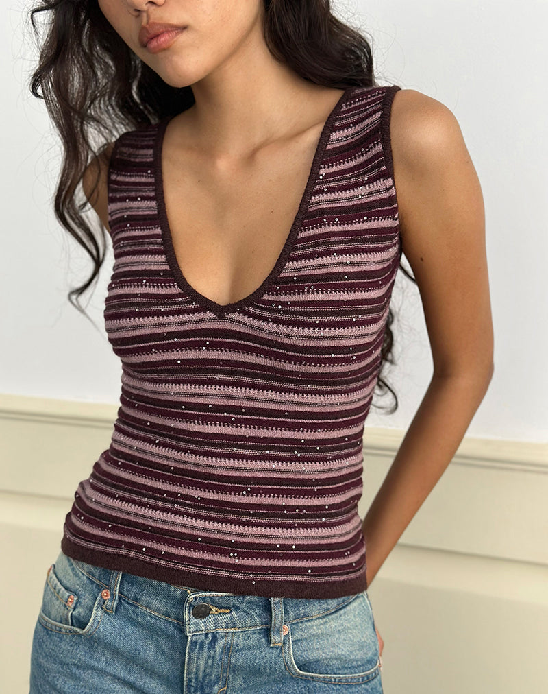 Lycia Plunge Top in Glitter Knit Striped Purple
