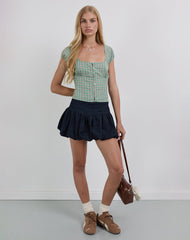 Malsa Scoop Button Blouse in Teal Check