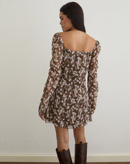 Mariko Dress in Brown and Pink Polka Flower Chiffon