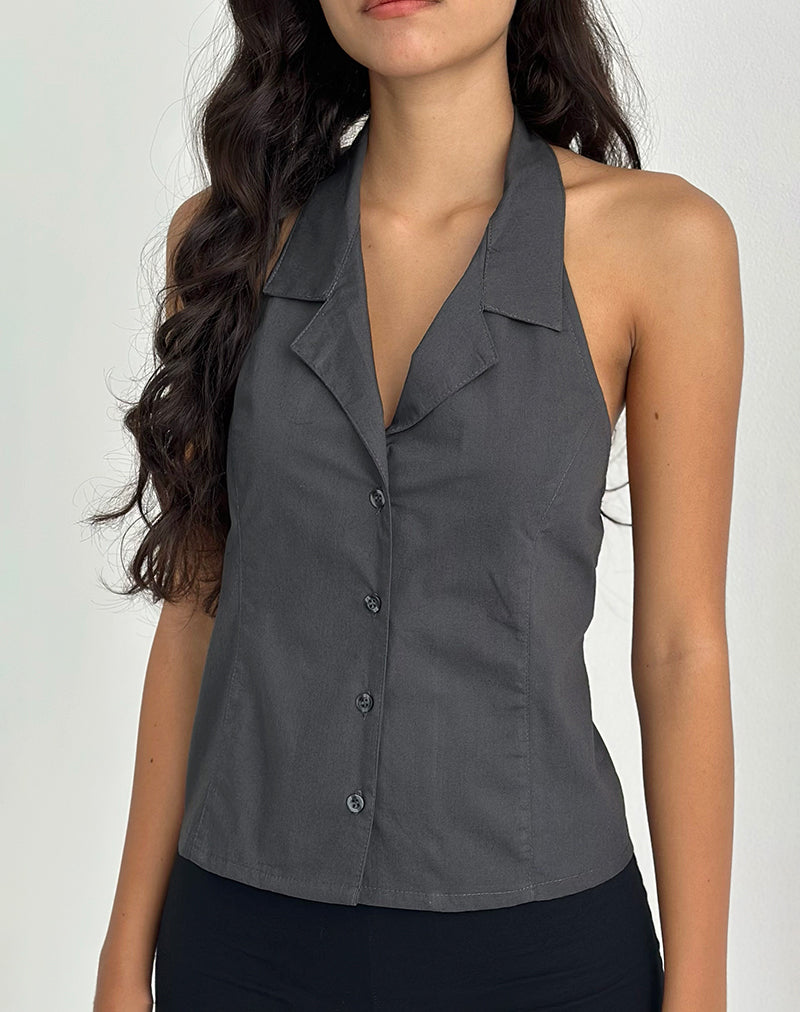 Mikanu Button Down Halterneck Blouse in Charcoal Grey