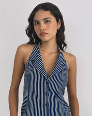 Mikanu Halterneck Blouse in Pinstripe Navy