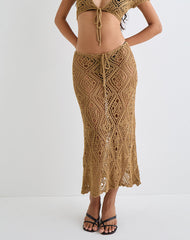 Diora Tie Front Skirt in Crochet Camel