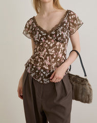Misaki Top in Chiffon Polka Flower Brown