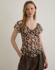 Misaki Top in Chiffon Polka Flower Brown
