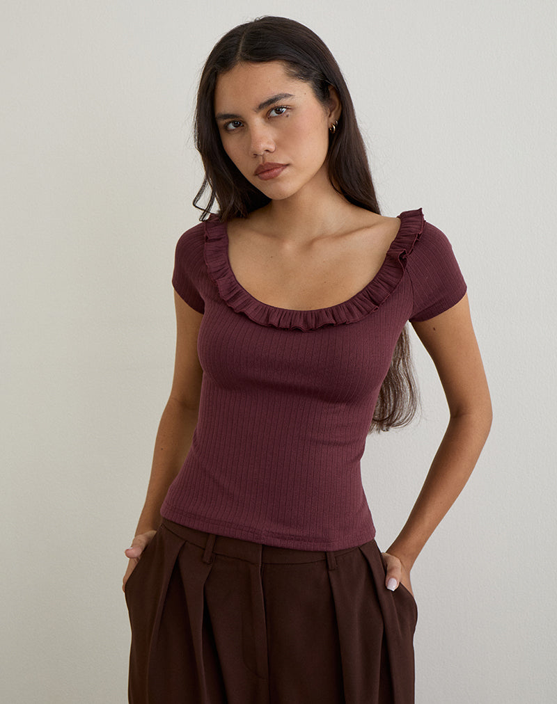 Mitali Top with Ruffle in Pointelle Burgundy