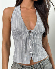 Miyuki Tie Front Halterneck Top in Woven Stripe Grey