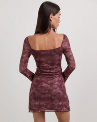 Modena Long Sleeve Mini Dress in Tonal Paisley Plum