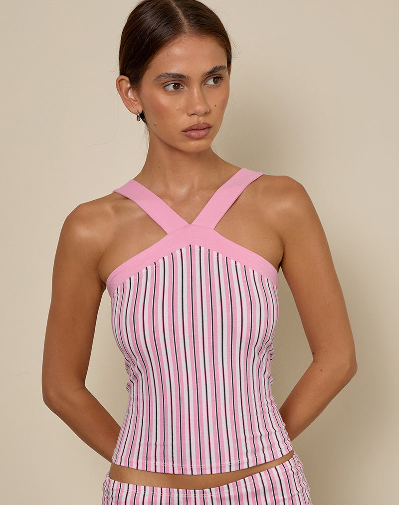Myer Wide Strap Halterneck Top in Pinstripe Pink