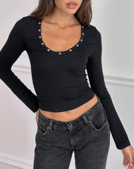 Myoga Studded Scoop Long Sleeve Top in Black