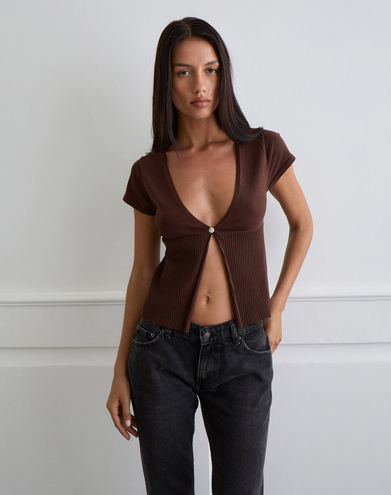 Nalo Short Sleeve Cardi in Dark Brown