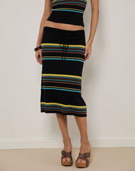 Amalia Midi Skirt in Black with Brown and Blue Stripes