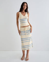 Amalia Midi Skirt in Cream with Blue and Grey Stripes