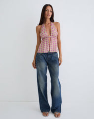Nayu Halterneck Top in Blurred Check Pink and Green