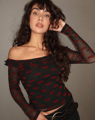 Nihal Frill Bardot Top in Lips Flock Black