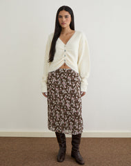 Nimas Midi Skirt in Brown and Pink Polka Flower Chiffon
