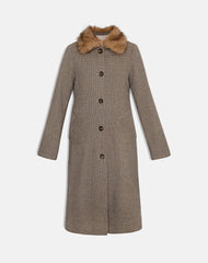 Norciel Longline Coat in Check Brown with Fur Collar