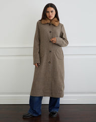 Norciel Longline Coat in Check Brown with Fur Collar