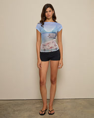 Nova Top in Printed Mesh Cote D'Azur Blue Graphic