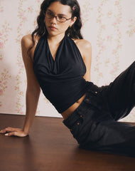 Nyra High Neck Top in Cupro Black