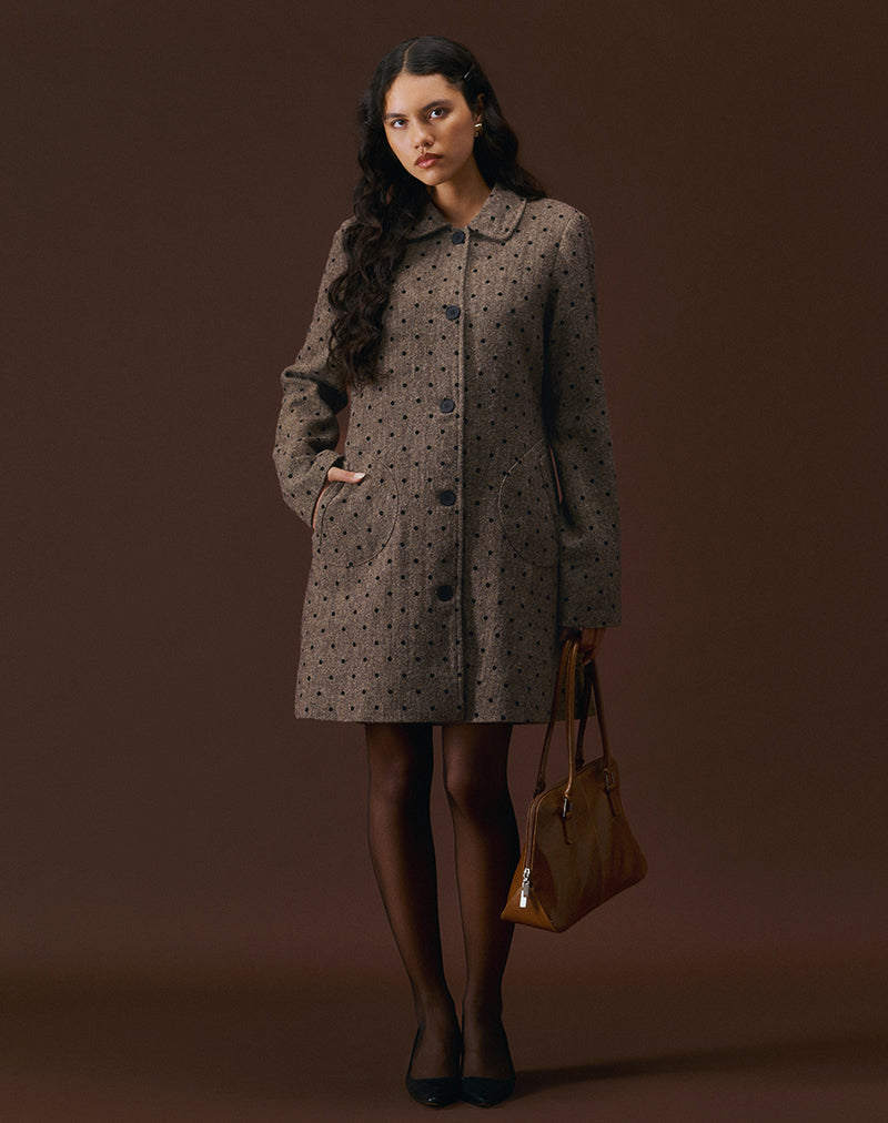 Lirena Longline Coat in Polka Brown