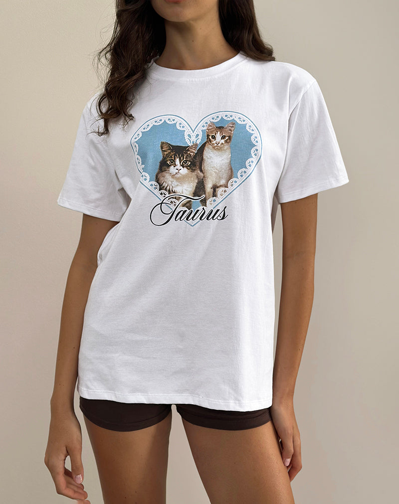 Oversize Basic Tee in White with Taurus Motel Pet Print